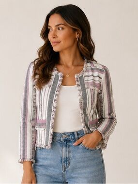 NIC+ZOE Dashing Days Fringe Trim Striped Open Front Jacket Cardigan Size Small